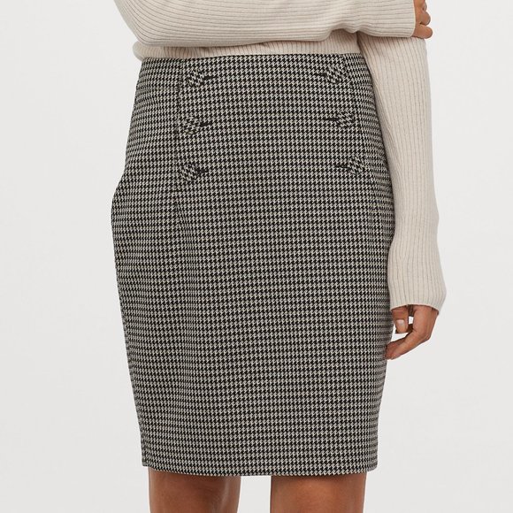 H&M Black Beige Dogtooth Pattern Knee Length Pencil Skirt Size 4 - Picture 1 of 11